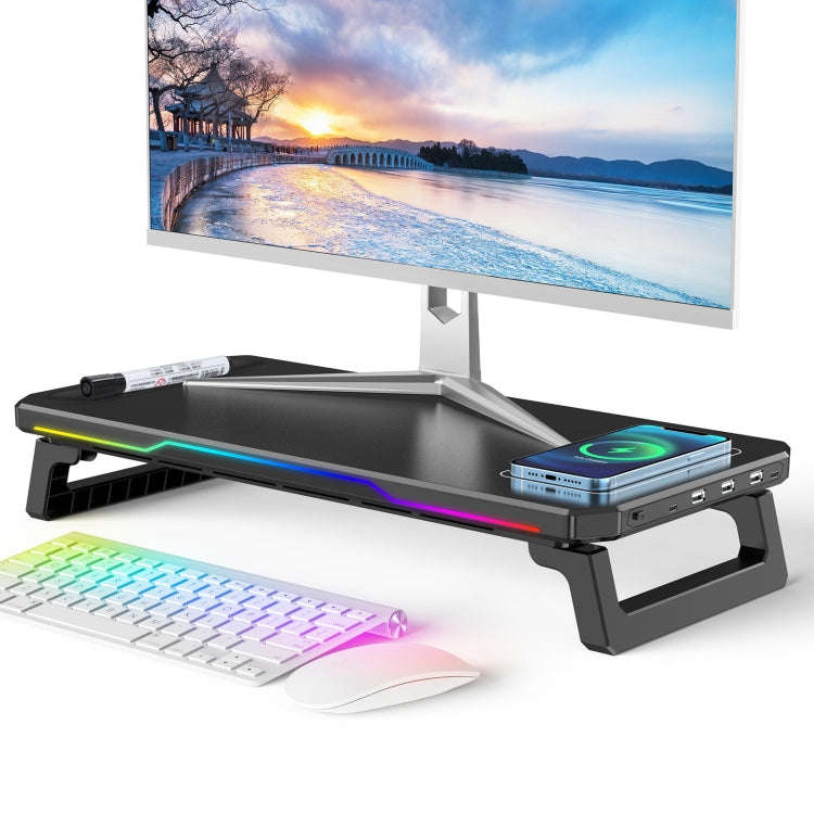 RGB Computer Monitor Stand Riser 3 USB 2.0 +1 Type-C Ports, Spec: Wireless Charging  Black