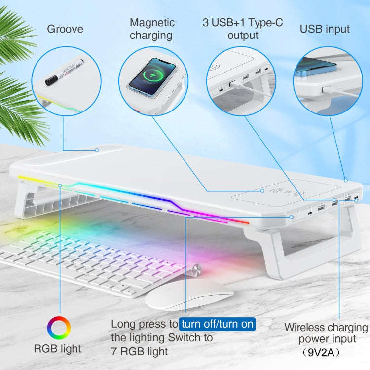 RGB Computer Monitor Stand Riser 3 USB 2.0 +1 Type-C Ports, Spec: Wireless Charging White