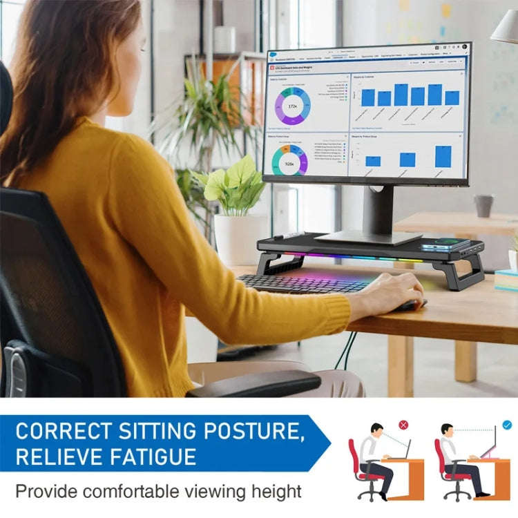 RGB Computer Monitor Stand Riser 3 USB 2.0 +1 Type-C Ports, Spec: Wireless Charging  Black