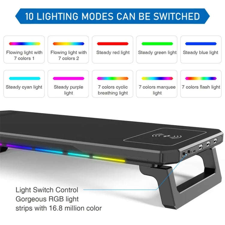 RGB Computer Monitor Stand Riser 3 USB 2.0 +1 Type-C Ports, Spec: Basic Black