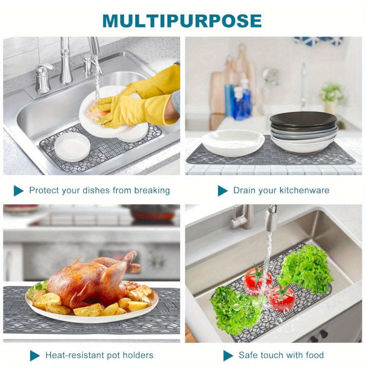 Silicone Sink Mat Cuttable Sink Pad Kitchen Cabinet Mat Dish Drainer Mat 66 x 35cm(Grey)