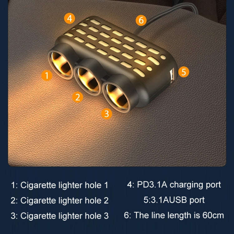 1 To 3 12V/24V Car Cigarette Lighter Charger Multi-function Seven-color Light(120W)