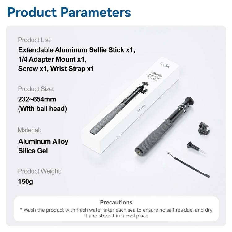 TELESIN WSS-001 65.4cm Aluminum Alloy Waterproof Ball Head Selfie Stick Diving Shooting Sports Ca...