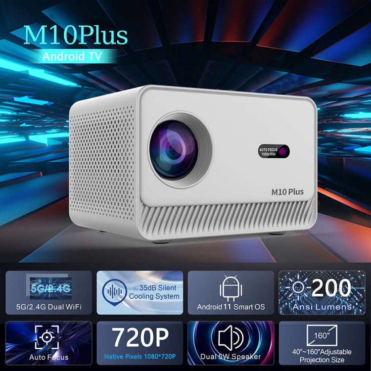 M10 Plus 1280x720P Projector 2.4G / 5G WIFI Bluetooth 5.2 Android 11 System Home Cinema US Plug
