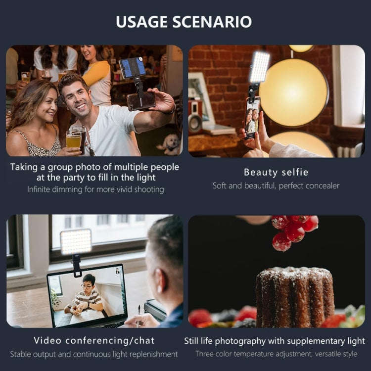 60 LEDs Rechargeable Clip Fill Light With Front & Back Clip Adjusted 3 Light Modes For Phone, Spe...