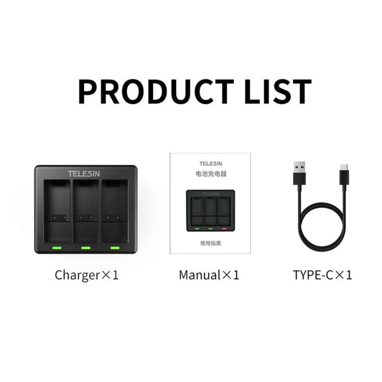 TELESIN GP-BCG-902 Battery 3 Slots Charger For GoPro HERO12 Black / HERO11 Black / HERO10 Black /...