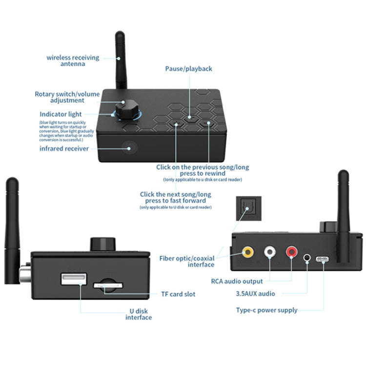 Bluetooth 5.4 Receiver Digital To Analog Card U Disk Converter Adapter With Remote Control(Coaxia...