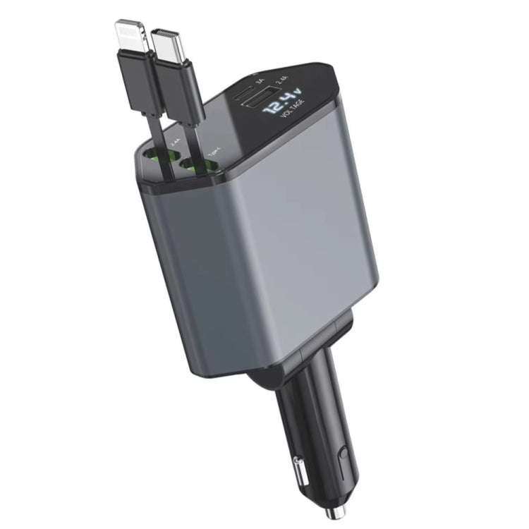 4-In-1 120W Multifunctional USB Retractable Dual-Line Digital Display Car Fast Charger(8 Pin + Ty...