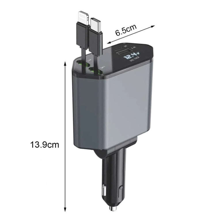 4-In-1 120W Multifunctional USB Retractable Dual-Line Digital Display Car Fast Charger(8 Pin + Ty...