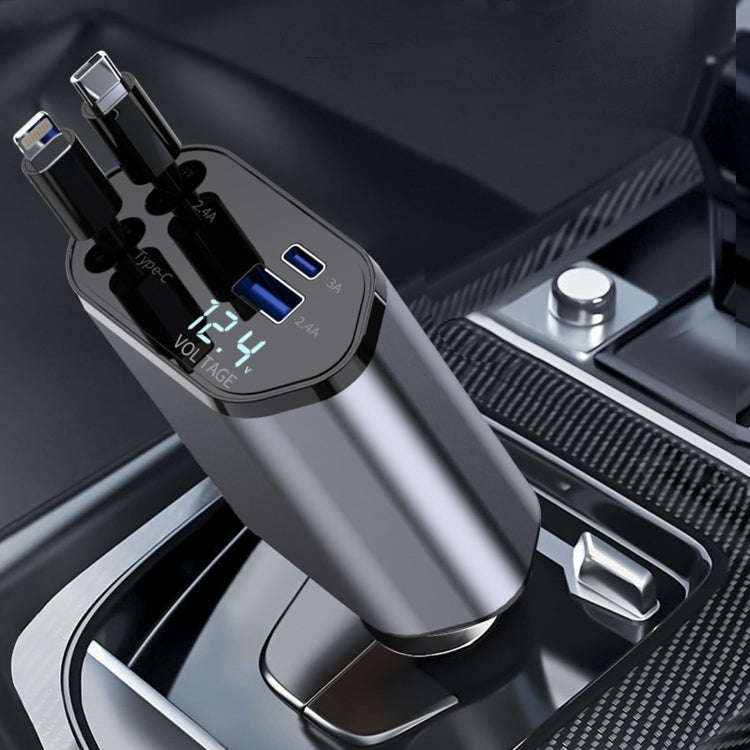 4-In-1 120W Multifunctional USB Retractable Dual-Line Digital Display Car Fast Charger(8 Pin + Ty...