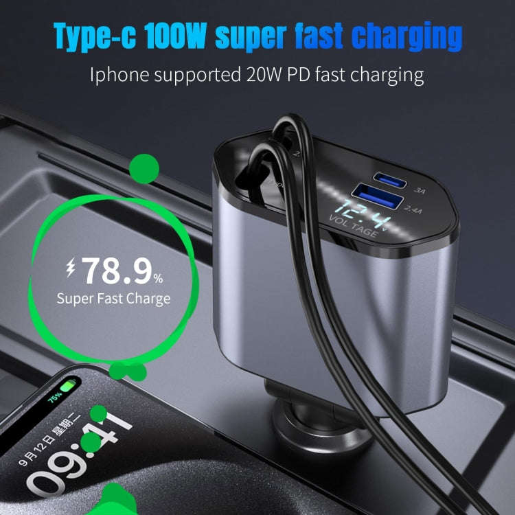 4-In-1 120W Multifunctional USB Retractable Dual-Line Digital Display Car Fast Charger(8 Pin + Ty...