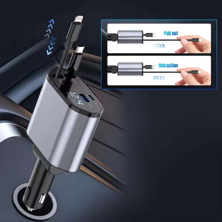 4-In-1 120W Multifunctional USB Retractable Dual-Line Digital Display Car Fast Charger(8 Pin + Ty...