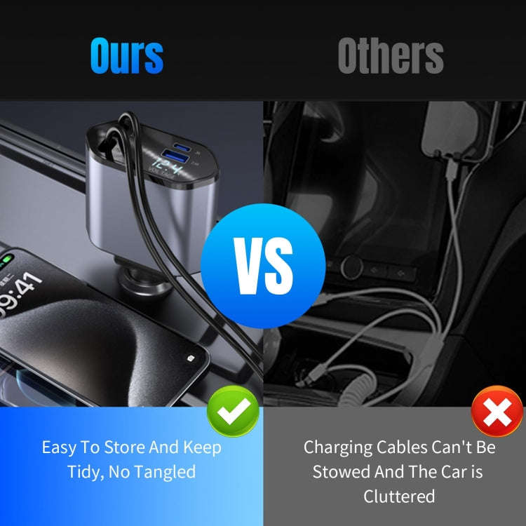 4-In-1 120W Multifunctional USB Retractable Dual-Line Digital Display Car Fast Charger(8 Pin + Ty...