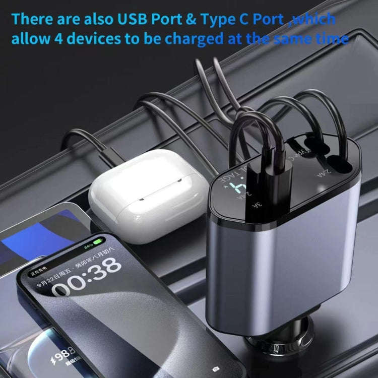 4-In-1 120W Multifunctional USB Retractable Dual-Line Digital Display Car Fast Charger(8 Pin + Ty...
