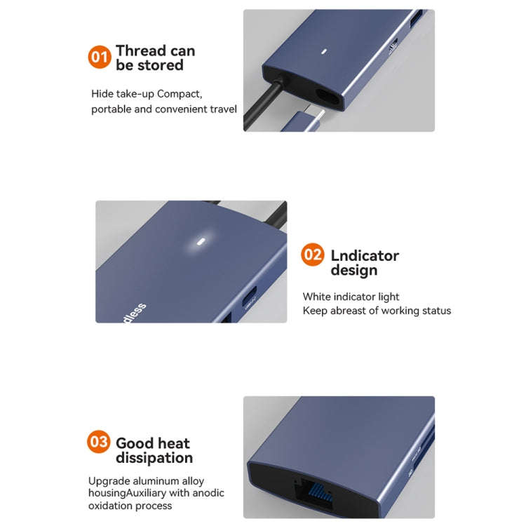 Blueendless 4K60Hz + Gigabit LAN + Data Type-C Docking Station, Spec: 9-in-1 Reading Card Gray
