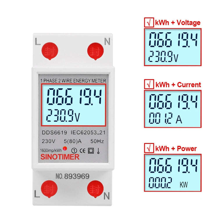 SINOTIMER  DDS6619 80A 230V Din Rail Single Phase Energy Meter Voltage Current Power Meter With B...