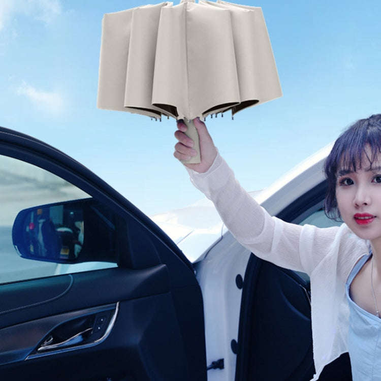 24 Bones Vinyl Folding Umbrella Sunny and Rainy Fully Automatic Sun Shading Umbrella(Beige)