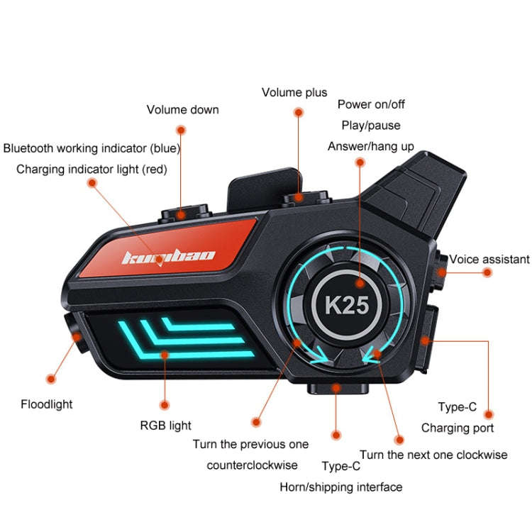 KUQIBAO Motorcycle Helmet Waterproof Bluetooth-compatible Headset With Light(Hard Microphone)