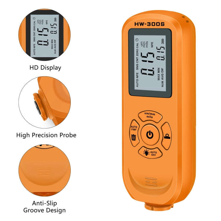 HW-300S High Precision Coating Thickness Gauge Anti-skid Paint Film Gauge(Orange Horizontal Screen)