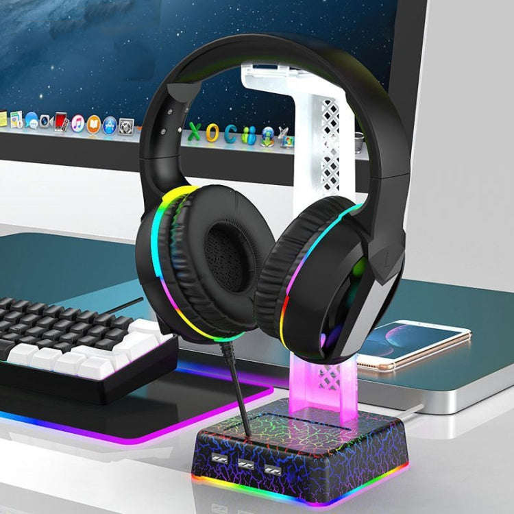 Z3 Cracked With 3USB Expansion Port Headphone Stand RGB Ambient Light Headphone Display Holder(Bl...