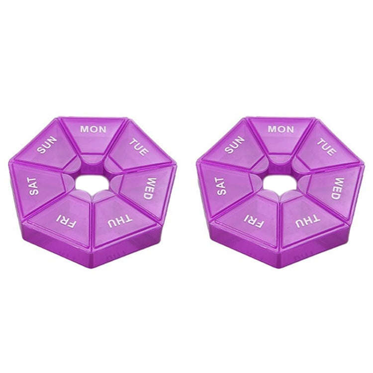 2pcs Portable Transparent Moisture-Proof Weekly 7-grids Pill Storage Box(Purple)
