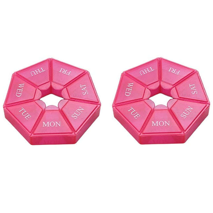 2pcs Portable Transparent Moisture-Proof Weekly 7-grids Pill Storage Box(Rose Pink)