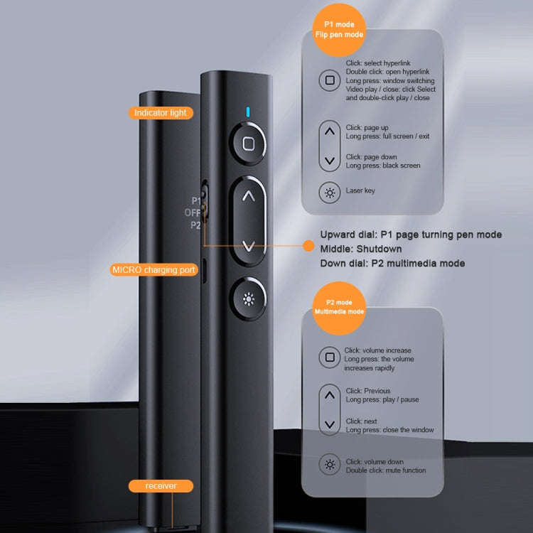 B2 2.4GHz Dual-Mode Conference PPT Wireless Page Turning Pen Multimedia Infrared Laser Pointer(Bl...