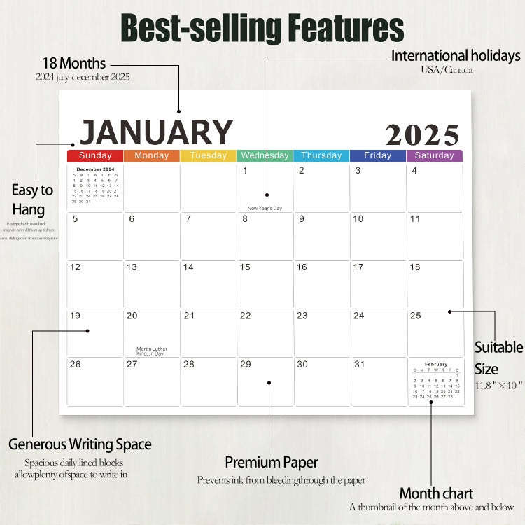 English 18-Month Calendar English Magnetic Refrigerator Magnet, Year: Blue 2024.7-2025.12