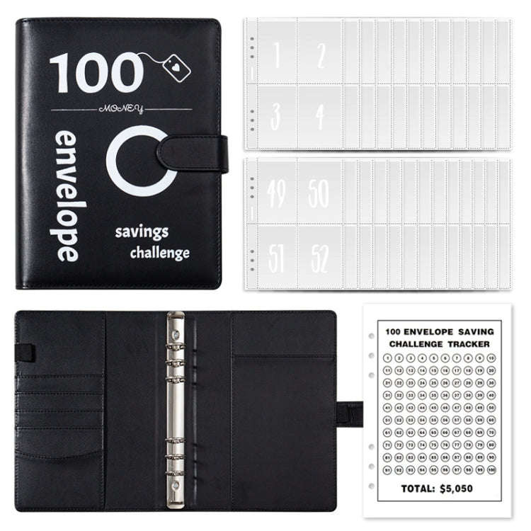 A5 100 Day Savings Challenge Envelope Budget Planner Binder Notebook Handbook, Color: Pattern Black