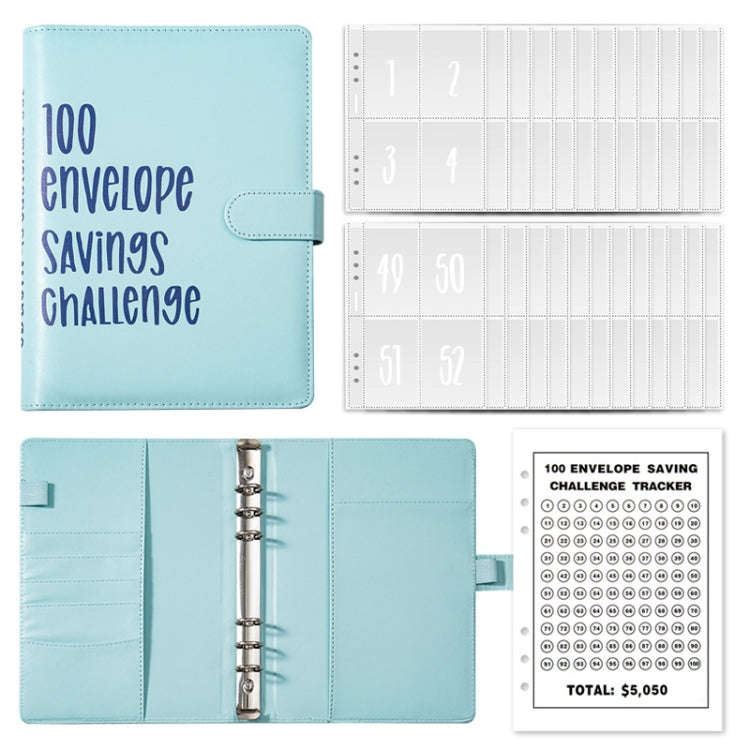 A5 100 Day Savings Challenge Envelope Budget Planner Binder Notebook Handbook, Color: Words Blue