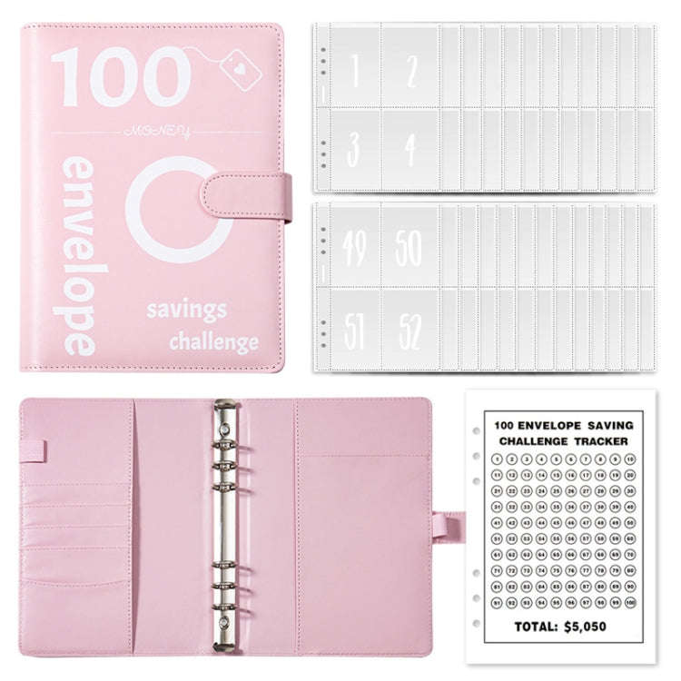 A5 100 Day Savings Challenge Envelope Budget Planner Binder Notebook Handbook, Color: Pattern Pink