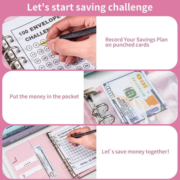 A5 100 Day Savings Challenge Envelope Budget Planner Binder Notebook Handbook, Color: Words Blue