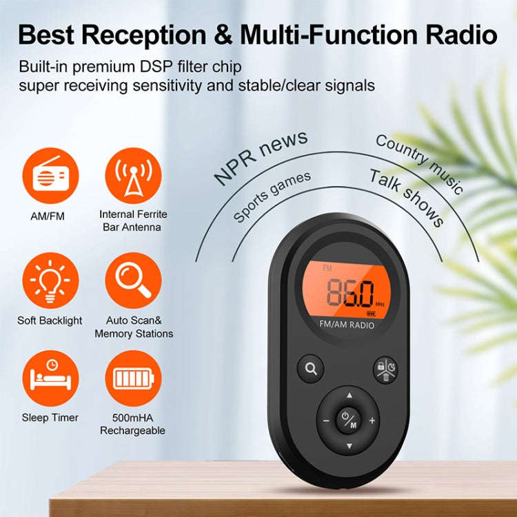 M01 Mini Portable Rechargeable FM / AM Radio With Backlight(Black)