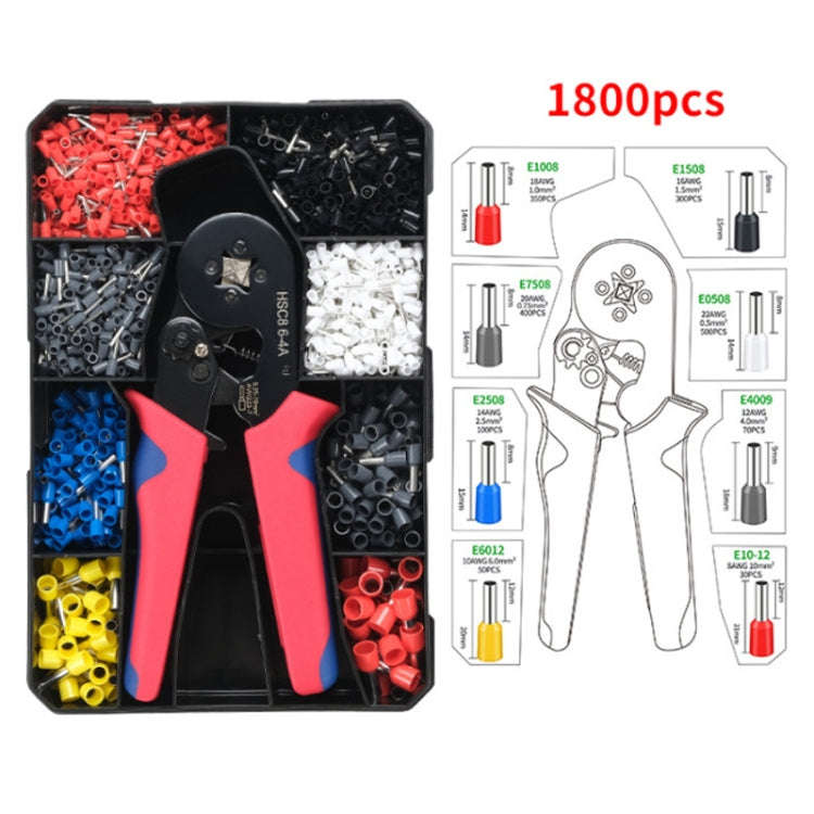 1800pcs /Set Tube-Type Cold-Pressed Terminal Block Crimping Pliers Plastic Box Set
