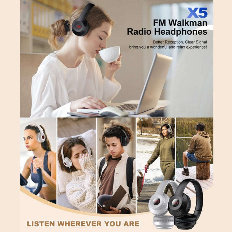 X5 Portable Digital Display Folding Headset FM Radio Headphones, Color: Charging White