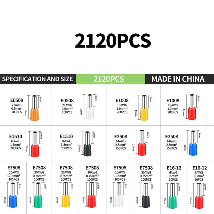 2120pcs /Set 0.5-16MM European Style Tube Type Wiring Cold Press Terminal Set(Terminal Box Package)