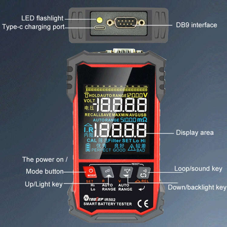 Battery Internal Resistance Tester Lead-Acid Alkaline Lithium Battery Tester, Model: IR500