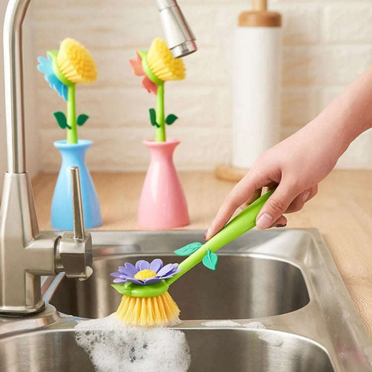 Flower Shaped Long Handle Pot Brush Kitchen Dishes Brush Sink Stove Cleaning Tool(Blue)