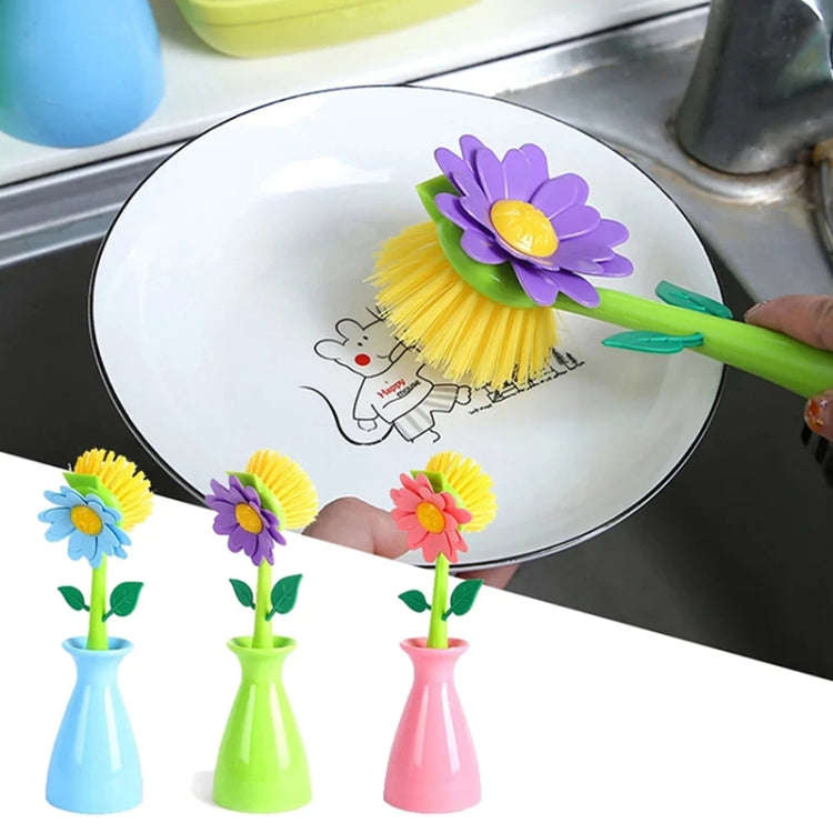 Flower Shaped Long Handle Pot Brush Kitchen Dishes Brush Sink Stove Cleaning Tool(Blue)