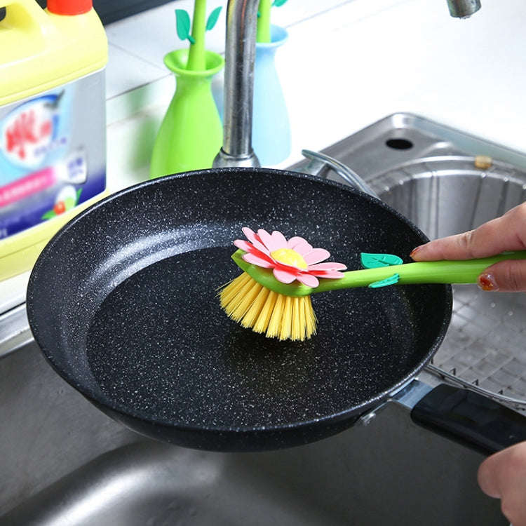 Flower Shaped Long Handle Pot Brush Kitchen Dishes Brush Sink Stove Cleaning Tool(Blue)