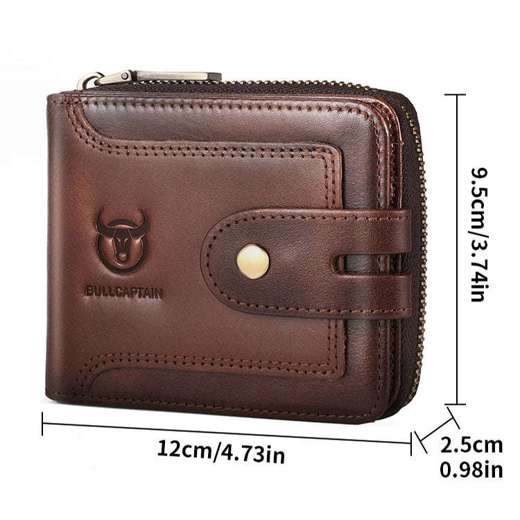 BULL CAPTAIN 232 RFID Anti-Theft Cowhide Men Zipper Wallet Vintage Business Card Holder(Coffee)
