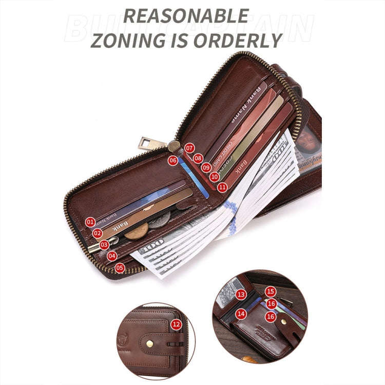 BULL CAPTAIN 232 RFID Anti-Theft Cowhide Men Zipper Wallet Vintage Business Card Holder(Black)