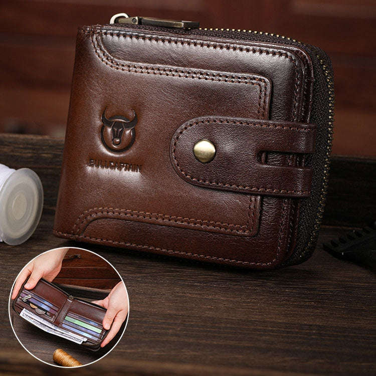 BULL CAPTAIN 232 RFID Anti-Theft Cowhide Men Zipper Wallet Vintage Business Card Holder(Black)