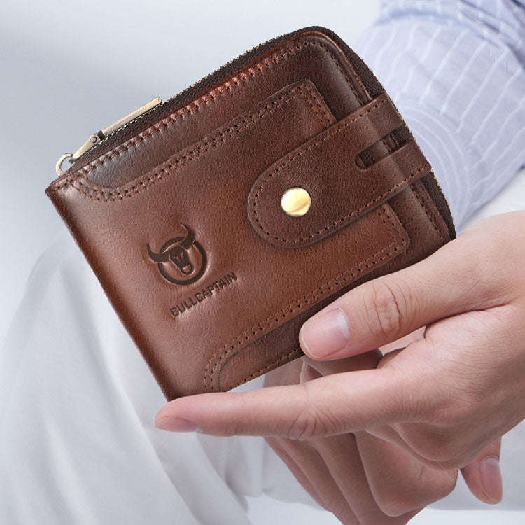 BULL CAPTAIN 232 RFID Anti-Theft Cowhide Men Zipper Wallet Vintage Business Card Holder(Black)