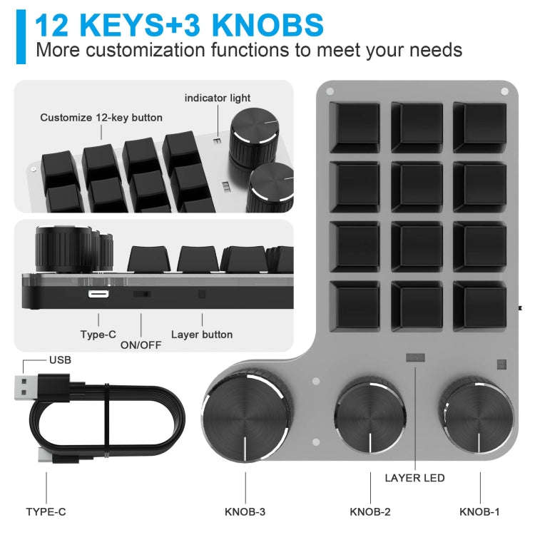 3 Knobs Wired 12 Keys Customized Drawing Programming Keypad With Volume Modulation(Black)