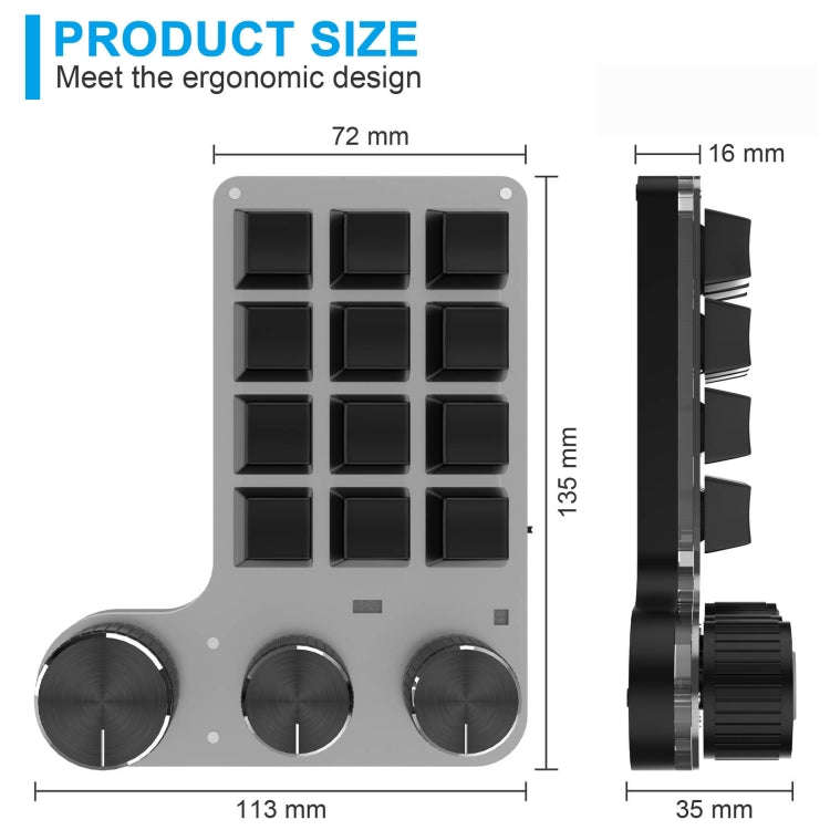 3 Knobs Wired 12 Keys Customized Drawing Programming Keypad With Volume Modulation(Black)