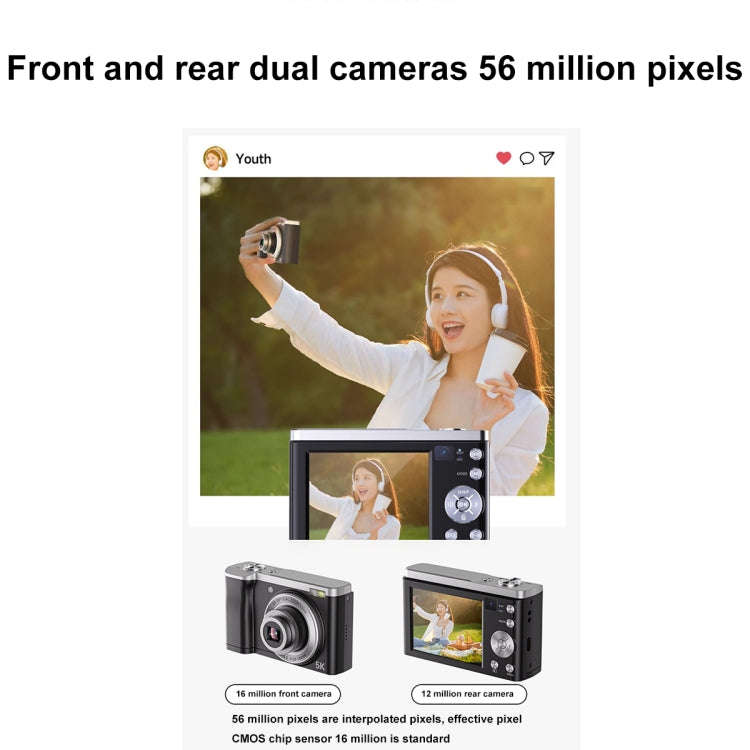 DC305X 5K/30FPS 2.8-Inch HD Shooting 5X Optical Zoom Anti-Shake Digital Camera, Color: Black EU Plug