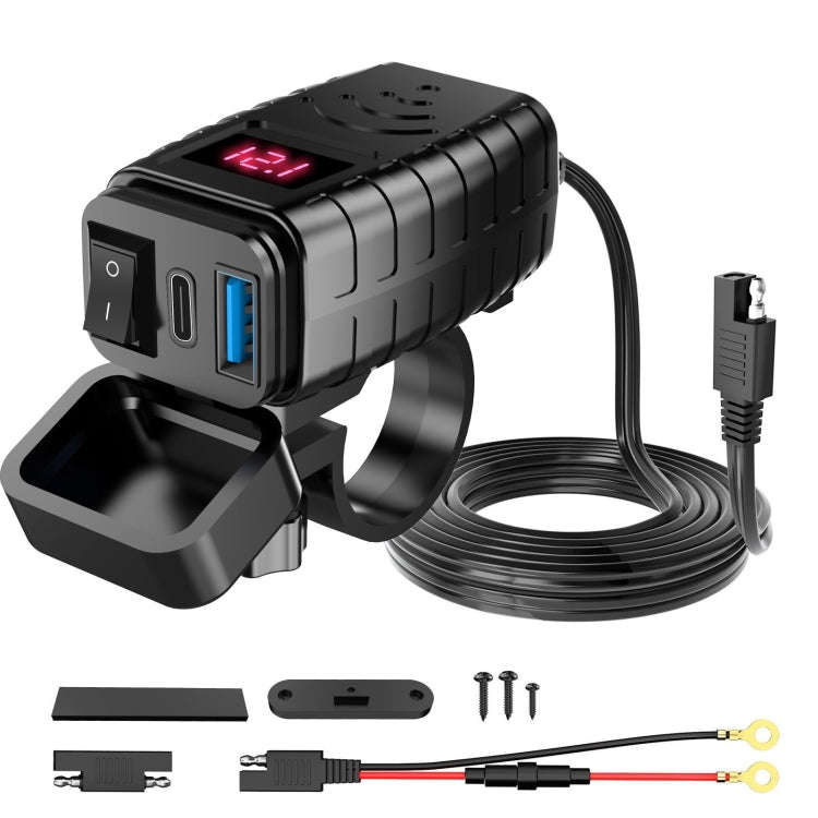 PD3.0 Motorcycle USB Mobile Phone Charger Digital Voltage Meter with Switch(Red Screen)