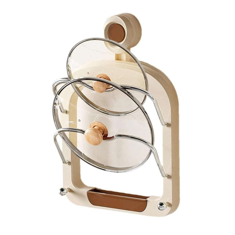Wall Mount Pot Lids Holder No Punching Suction Cup Double Layer Storage Rack(Milk Tea Brown)