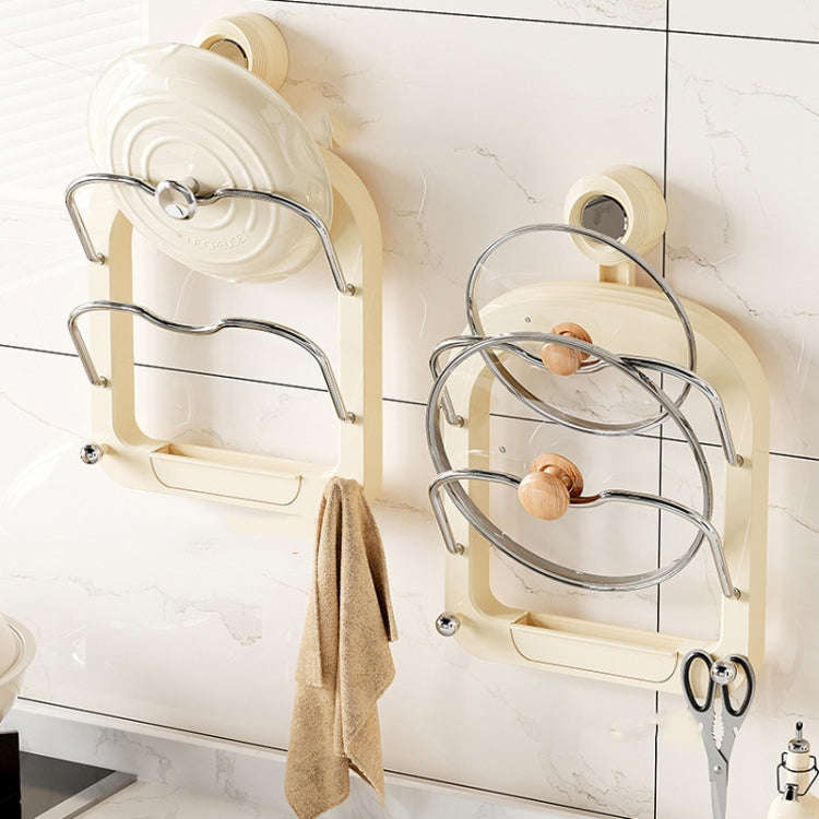 Wall Mount Pot Lids Holder No Punching Suction Cup Double Layer Storage Rack(Milk Tea Brown)